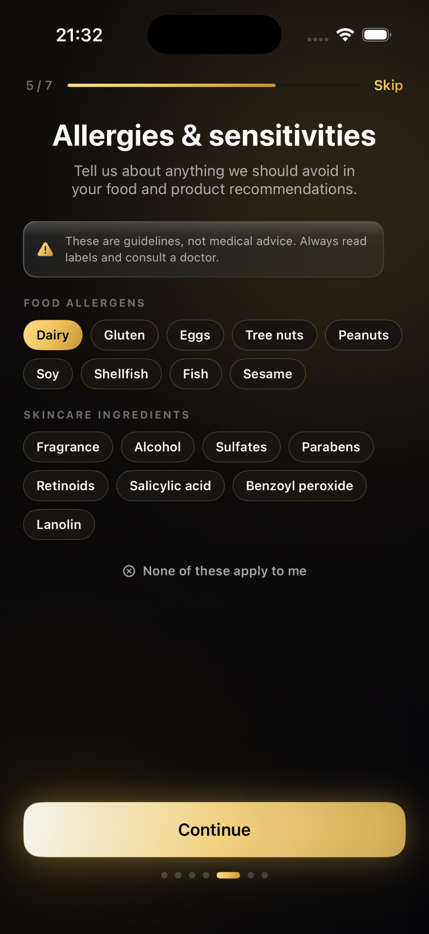 Allergy and sensitivity preferences screen