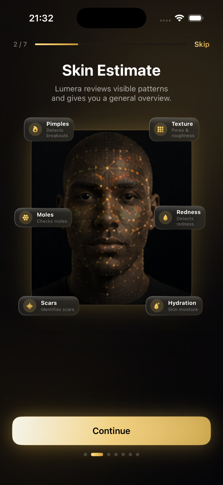 Lumera skin estimate screen with pimples, texture, moles, redness, scars, and hydration regions