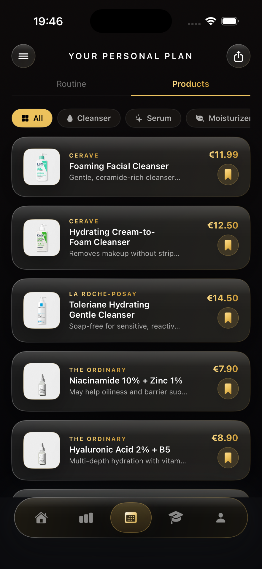 Lumera personal plan products tab with curated cleansers, serums, and moisturizers