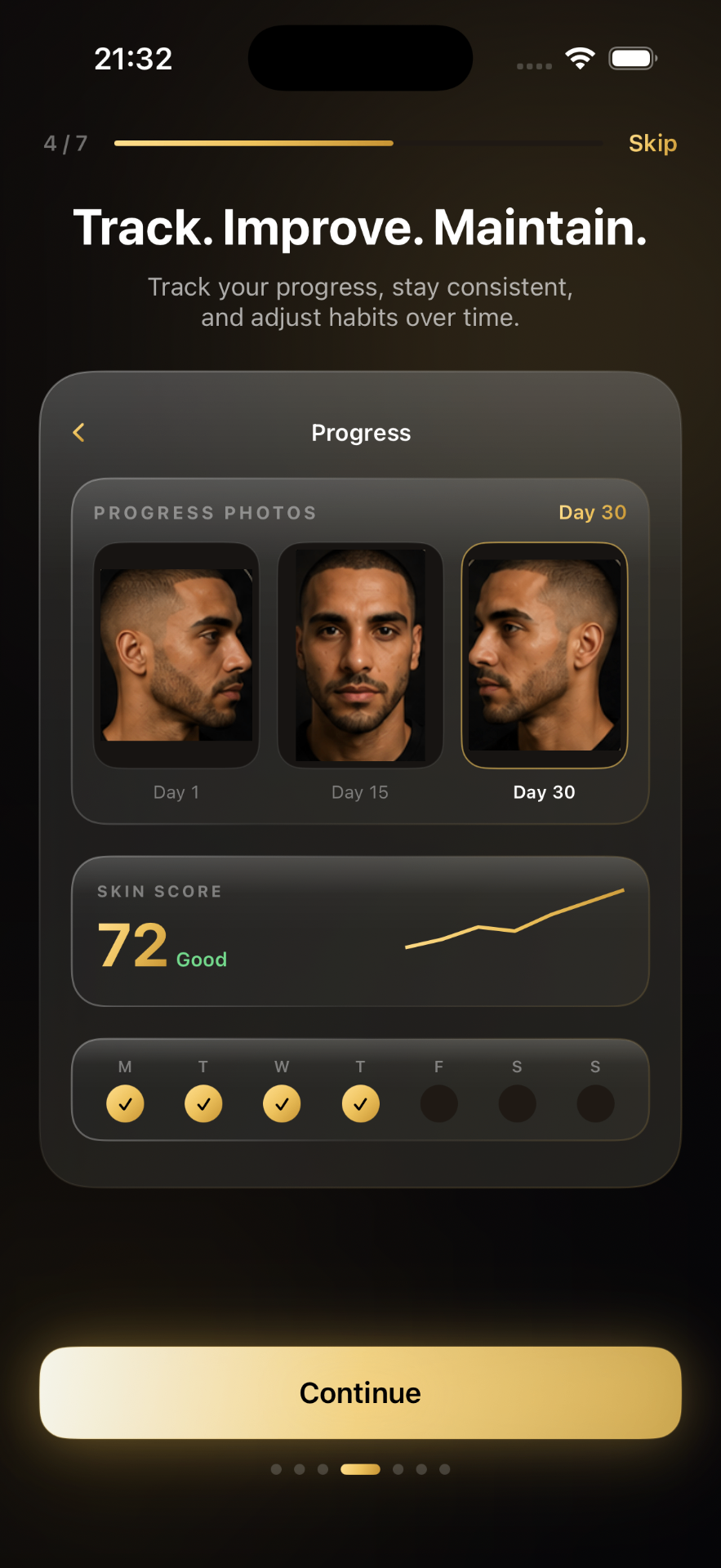 Progress photos timeline with skin score chart
