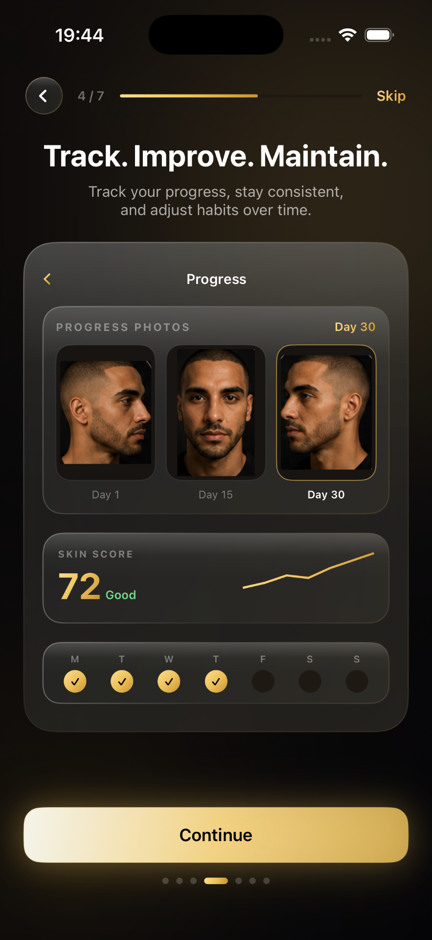 Lumera onboarding screen titled Track. Improve. Maintain.